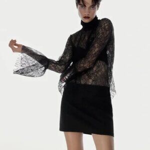 ZARA NWOT Black Lace Bohemian Sheer Flare Long Sleeve High Neck Top Size Medium